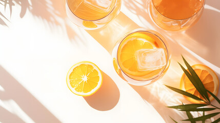 Summer orange cocktails with citrus fruits on white background. Hard seltzer, lemonade, refreshing drinks, low alcohol mocktails, summer party concept. Trendy palm leaf shadow and sunlight, sun.