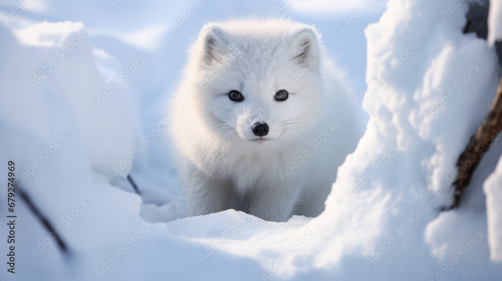 An arctic fox in the snow looking through the branches.