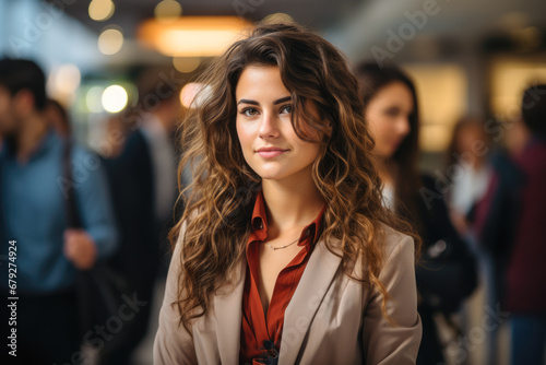 Young business woman in business dress and jacket at airport.