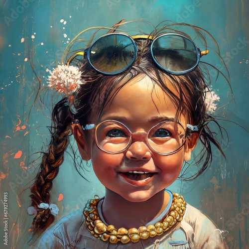 A little girl, her hair is braided into a ponytail, big beautiful eyes, a cute smiling nose in the style of an oil painting.