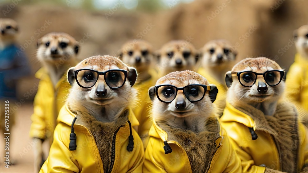 Meerkat in a group dressed in yellow jackets with glasses. Creative animal concept. Generated with AI