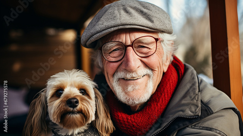 portrait of a senior man with a pet dog