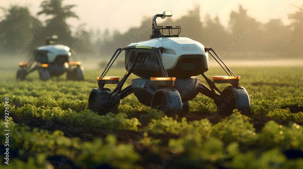 Autonomous robot equipped with sensors and AI technology working in an agricultural field, showcasing the innovative integration of smart farming automation for enhanced production efficiency. - obrazy, fototapety, plakaty 