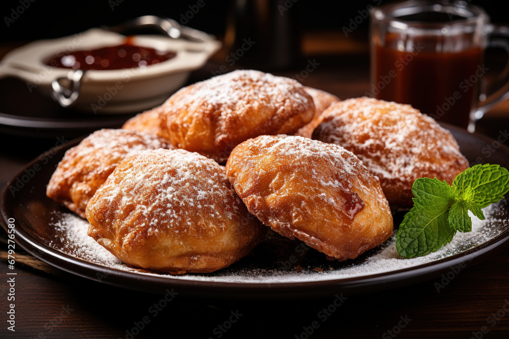 Sweet Pastries, deep-fried, with a sprinkle of powdered sugar, Delicious treats. Delicious pastries for breakfast.