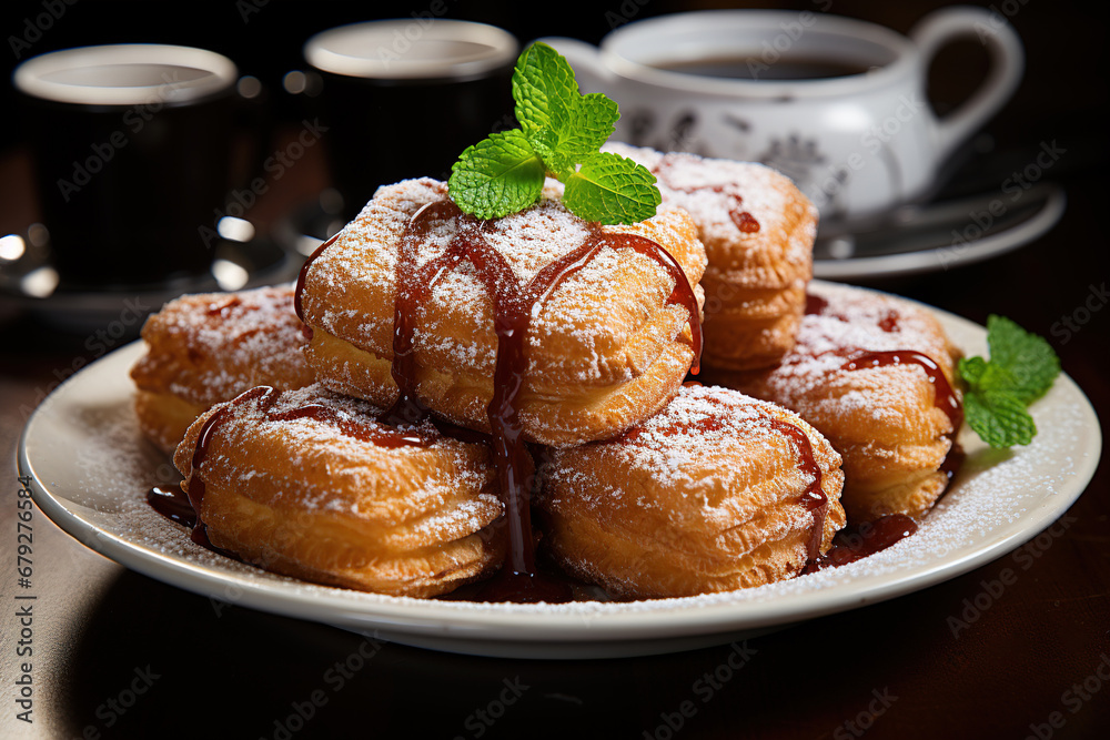 Sweet Pastries, deep-fried, with a sprinkle of powdered sugar, Delicious treats. Delicious pastries for breakfast. Sweet Pastries, deep-fried, with a sprinkle of powdered sugar, Delicious treats. Delicious pastries for breakfast.