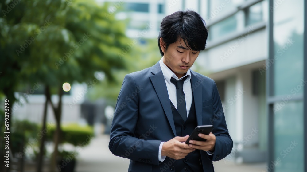 Worried asian male office worker businessman standing outside and using mobile phone. Disappointingly looks at the screen generative ai Worried asian male office worker businessman standing outside and using mobile phone. Disappointingly looks at the screen generative ai