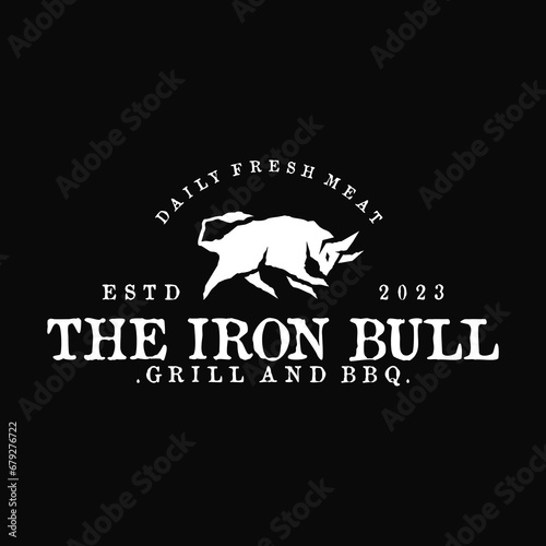 vintage retro classic rustic grunge silhouette powerful running of bison bull buffalo cow angus longhorn with sticker stamp label badge emblem suitable for steak bbq barbecue grill house logo design