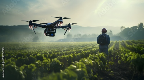 An advanced autonomous robot drone equipped with sensors and AI technology is operating in an agricultural field, showcasing the latest in smart farming automation and precision agriculture.