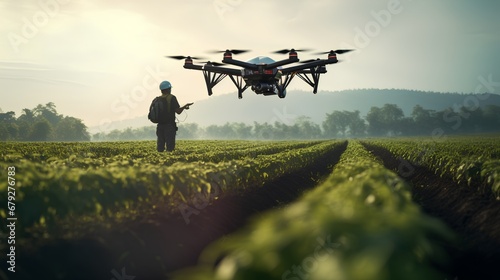 An advanced autonomous robot drone equipped with sensors and AI technology is operating in an agricultural field, showcasing the latest in smart farming automation and precision agriculture.