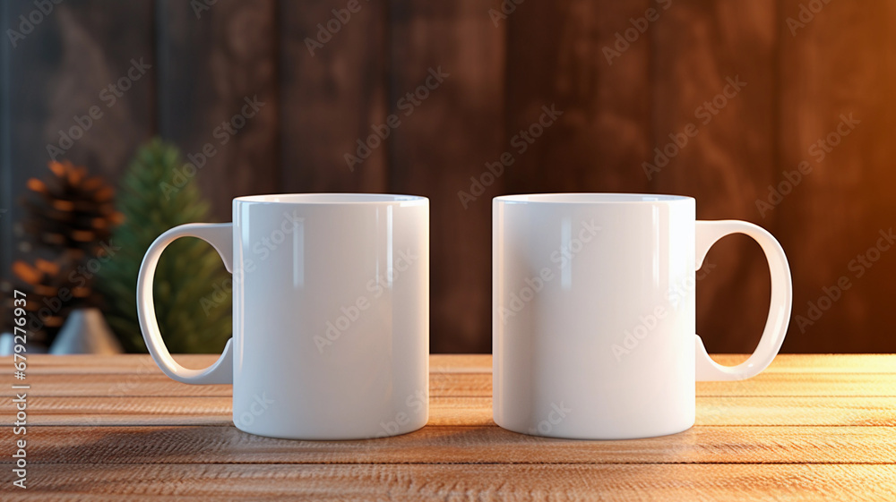 Two White Mugs Mockup Against the Background of Blurred Lights. Empty mug mock up for brand promotion. Two White Mugs Mockup Against the Background of Blurred Lights. Empty mug mock up for brand promotion.