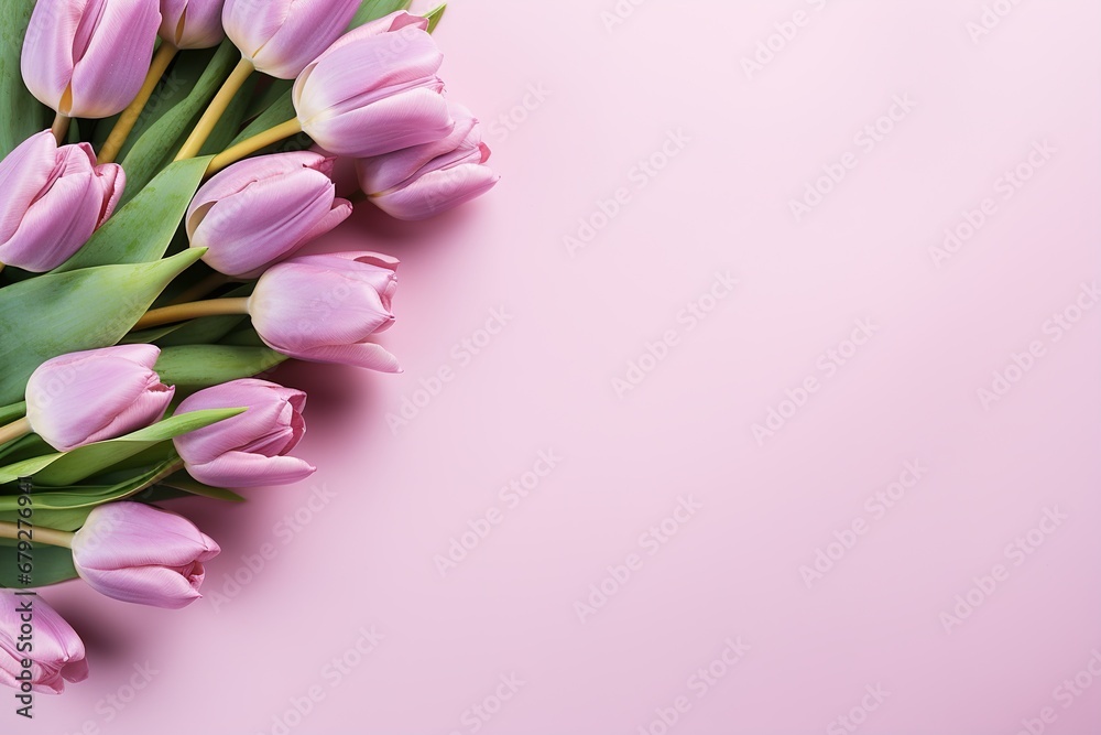 Bouquet Tulips on purple background. Mother's day, Valentine's Day, Birthday celebration concept. Greeting card. Copy space for text, top view