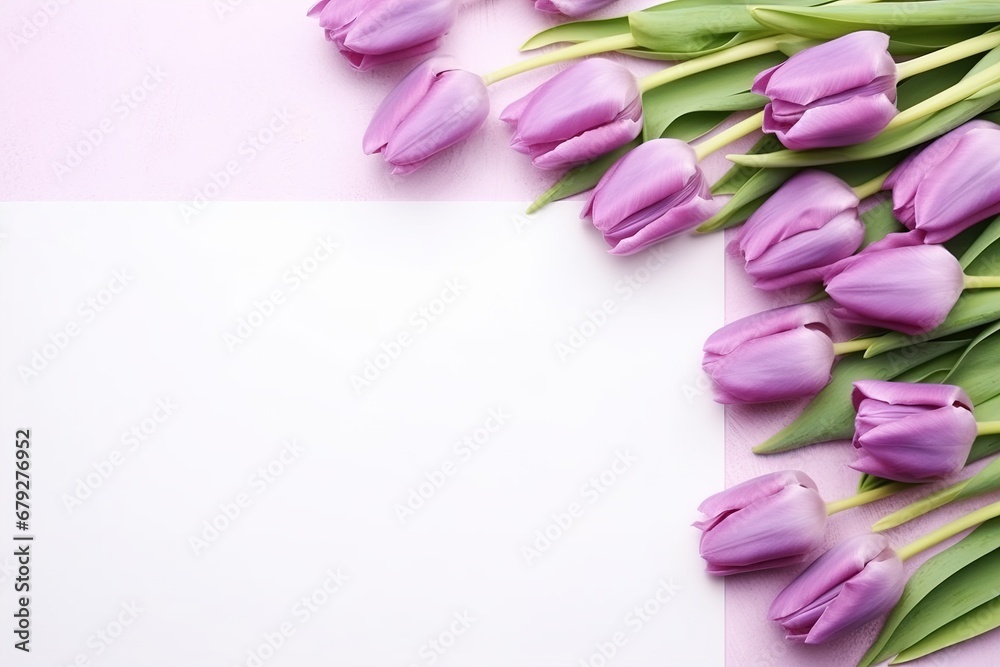 Bouquet Tulips on purple background. Mother's day, Valentine's Day, Birthday celebration concept. Greeting card. Copy space for text, top view