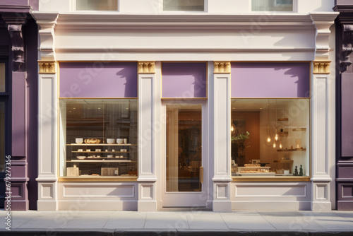 Purple cafe facade, modern pastry shop, purple and gold, urban street frontal view.