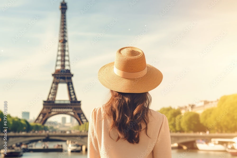 Young woman traveler in hat looking at Eiffel tower in Paris, France, Rear view of woman tourist in sun hat standing in front of Eiffel Tower in Paris. Travel in France, AI Generated