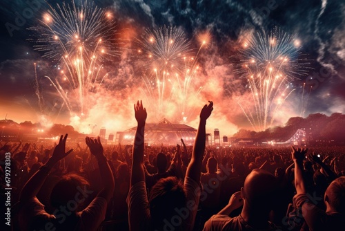 crowd with hands raised at a concert and fireworks on the background  rear view of the crowd cheering at a music festival with fireworks in the background  AI Generated