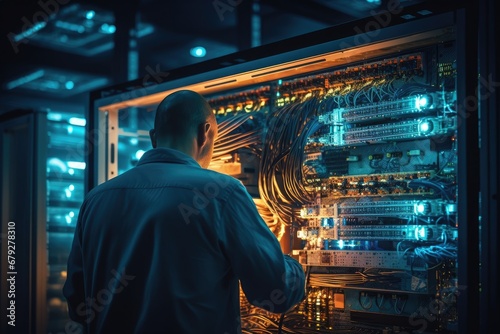 Rear view of a technician working in datacenter server room, rear view of the Technician repairing the server in the data center. Technology and internet concept, AI Generated