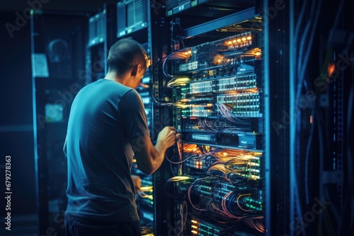 Young technician working with servers in a datacenter. Internet and technology concept, rear view of the Technician repairing the server in the data center. Technology and internet, AI Generated