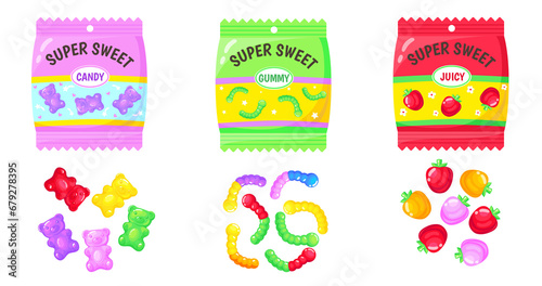 Jelly bears pack. Mix of gummy candies, marmalade colorful sweets for kids, sugar food, neat cartoon abstract png