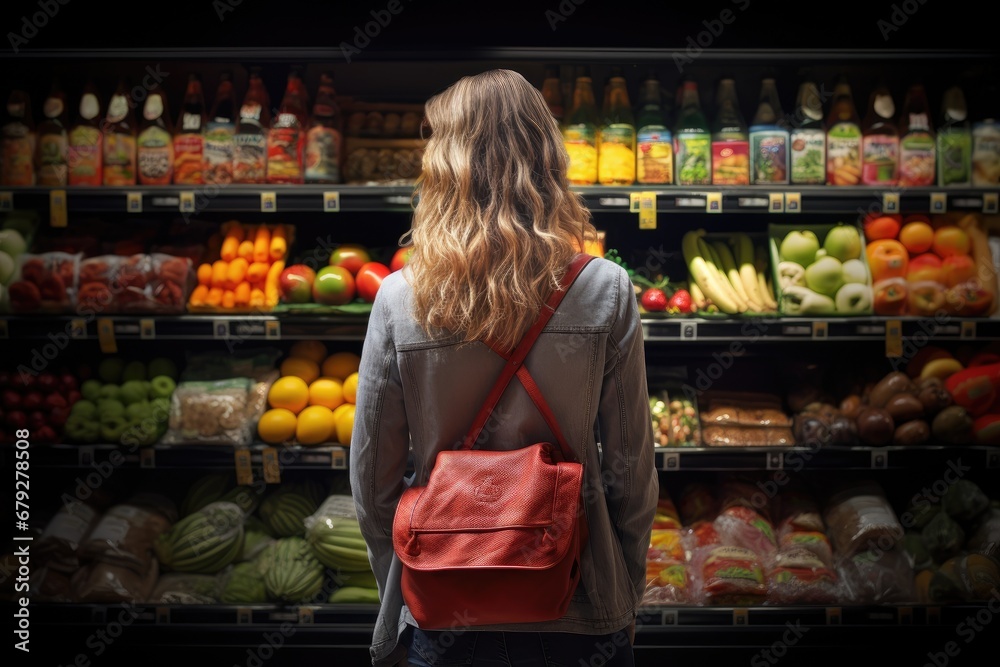 Rear view of young woman looking at fresh fruit in grocery store, rear view of Young woman shopping for fruits and vegetables, AI Generated