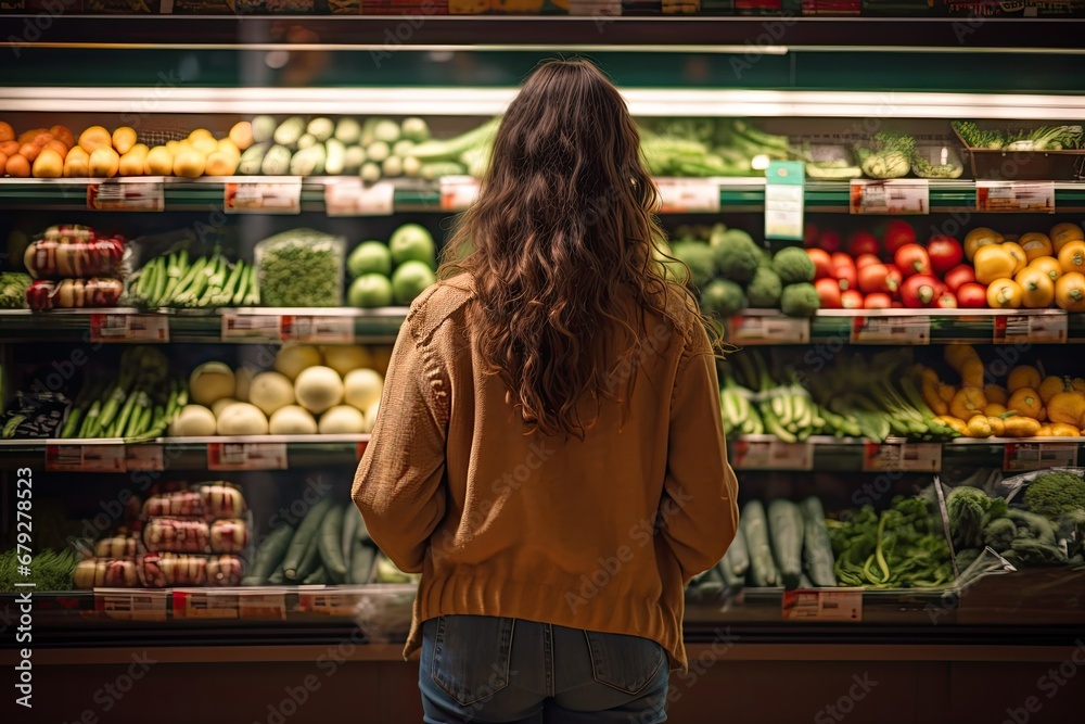 Rear view of woman looking at fresh vegetables on shelf in supermarket, rear view of Young woman shopping for fruits and vegetables, AI Generated