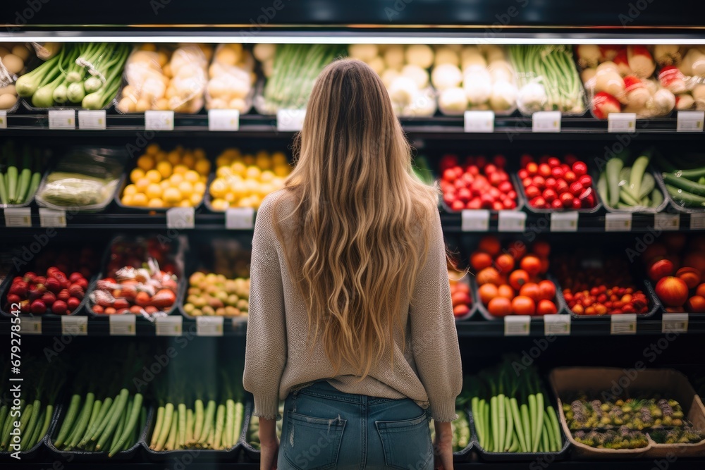 back view of young woman looking at fresh vegetables in grocery store, back view, rear view of Young woman shopping for fruits and vegetables, AI Generated