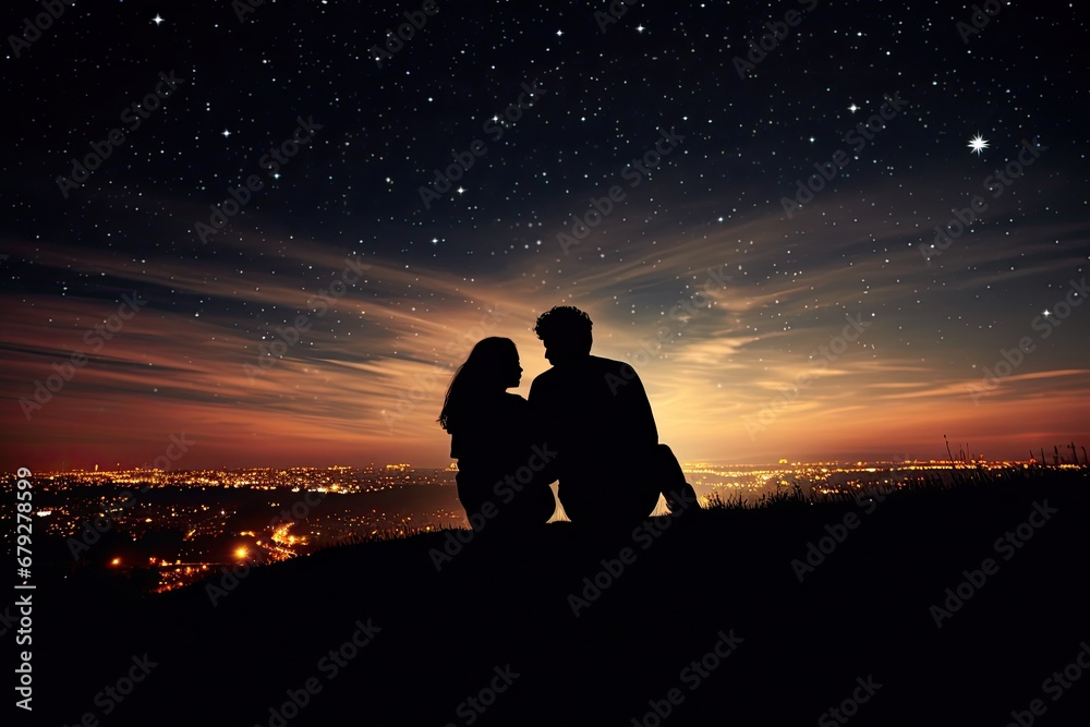 Silhouette of loving couple on the background of night sky with stars, rear view silhouettes of a couple sitting on the top of the hill looking and pointing out at shooting, AI Generated