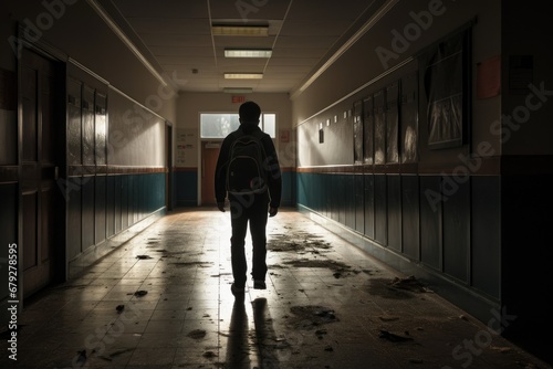 Silhouette of a man in the corridor with a backpack  rear view Schoolboy walks down the school hallway  AI Generated