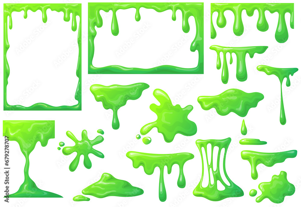 Slime frame. Cartoon mucus green goo drip sticky slimy mucus, liquid splash splatter, viscous snot, blob poison, splodge glow glue jelly, neat png icon - obrazy, fototapety, plakaty 