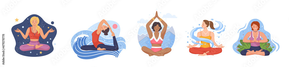 Yogas tranquil women. Exercise yoga, meditate, spiritual wellness, deep Breath, balance nature, yogas pose, isolated swanky png illustration