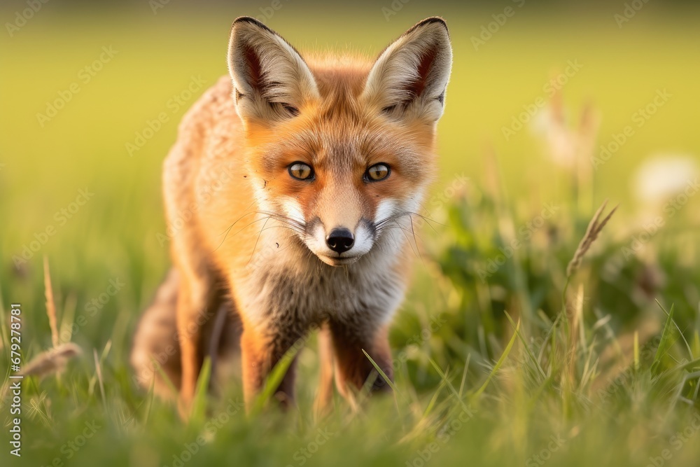 Red fox Vulpes vulpes in the grass, Red foxes standing in different positions on a white background, side view, AI Generated