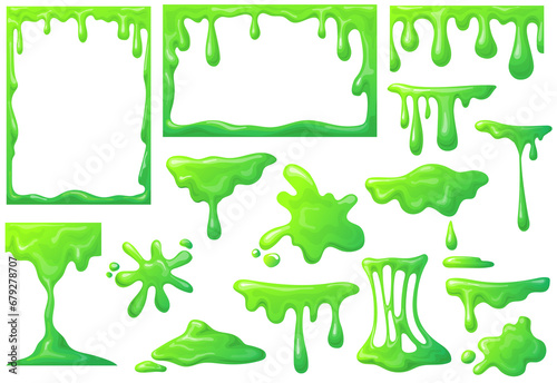 Slime frame. Cartoon mucus green goo drip sticky slimy mucus, liquid splash splatter, viscous snot, blob poison, splodge glow glue jelly, neat png icon photo