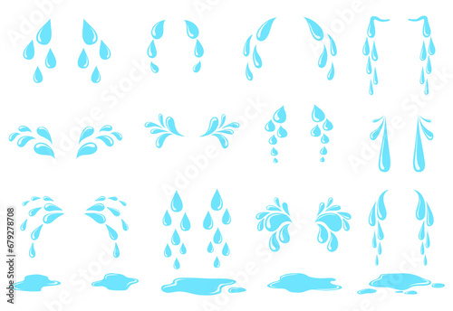 Cartoon sweat tear. Cry tears drops, puddle water droplets, drip falling drop, simple raindrop, watery eyes expression despair, neat isolated icon png illustration photo