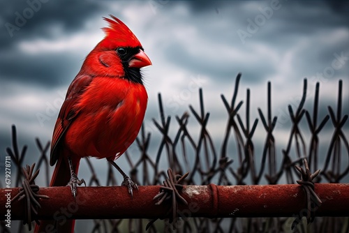 Red cardinal bird perched on a barbed wire against a stormy sky, red bird like a cardinal sitting on a fence, AI Generated photo