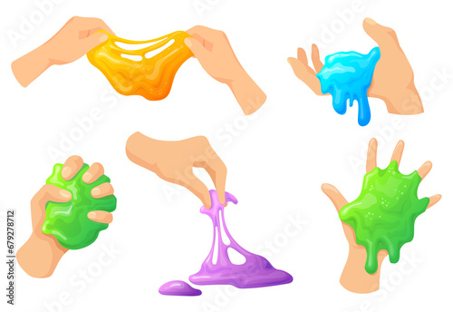 Hand holding slime. Homemade kids toy mucus between fingers hands, sticky slimy colorful funny glue, childish rainbow squeeze snail, neat cartoon png illustration