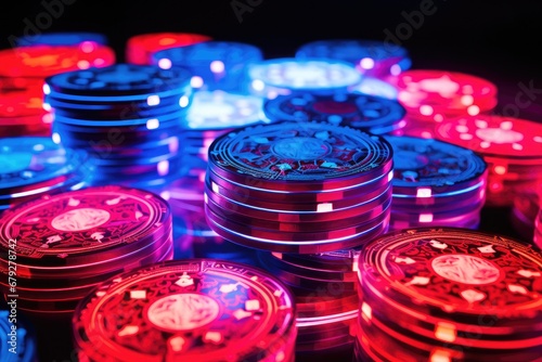 Stacks of poker chips on a dark background. Casino concept, Red blue casino chips in neon shades, AI Generated