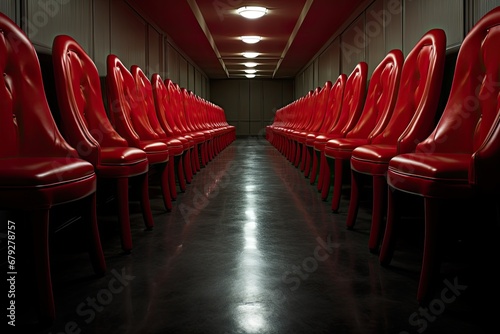 Row of red chairs in an empty cinema hall. 3d rendering, red chairs lined up in a row in a room, AI Generated