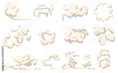 Cartoon dust clouds. Comic cloud shape, spray air smoke, fog road, explosion bomb, car gas, puff magic effect, steam wind silhouette, spooky fume smog
