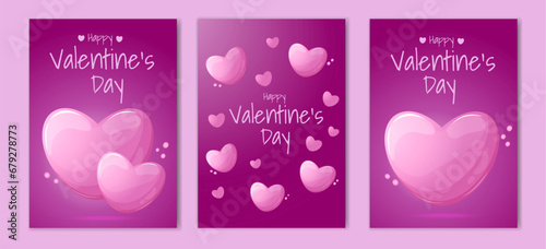 Valentine's day greeting cards set with cartoon glossy hearts