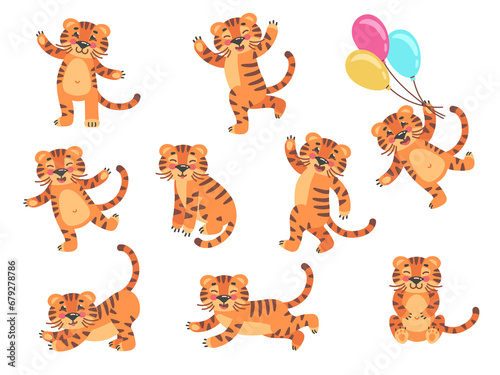 Cartoon cubs tiger. Little tigers kids, funny cute baby animal, drawing striped wildlife cub, safari character smiles jump balloons, childish wild jungle