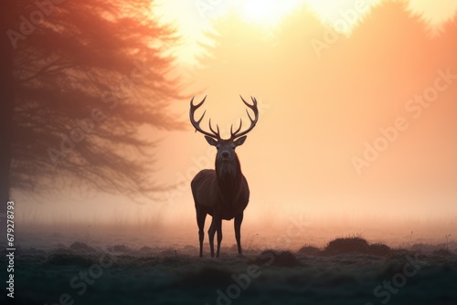 Red Deer Cervus elaphus stag during rutting season on a foggy morning  Red deer stag silhouette in the mist  AI Generated