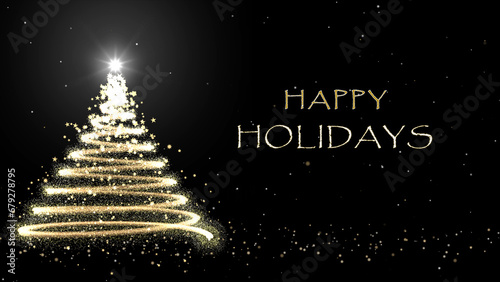Happy Holidays tree Christmas card with snowfall on dark Background 