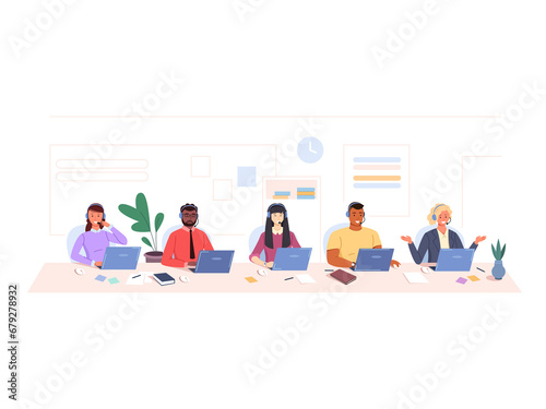 Hotline center workers. Call centres office, customer service work, workers with headsets telephone, support operator, contact services employee, garish cartoon png illustration