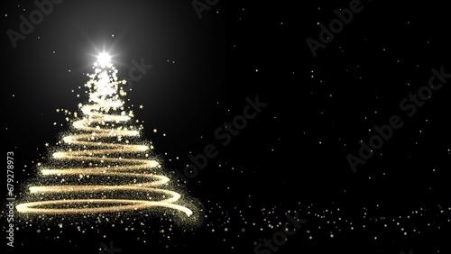 Christmas Tree Digital Illustration Card on Black Background. Copy Space