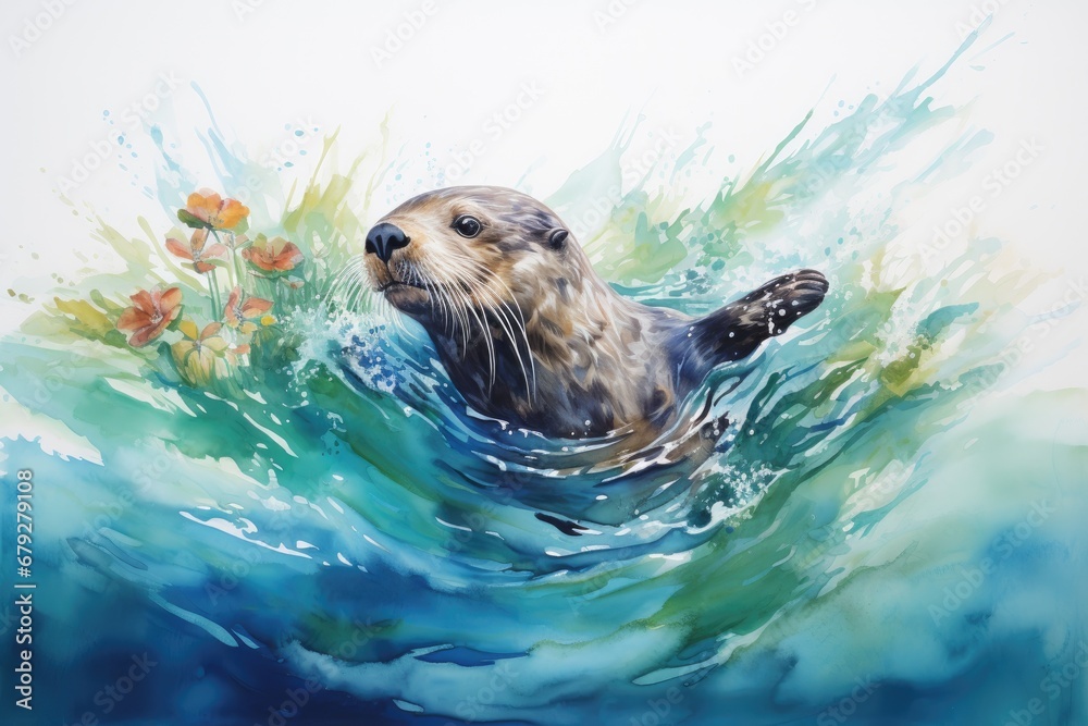 Fototapeta premium A playful otter floating on its back, with a watercolor background featuring shades of blue and green to create the illusion of water
