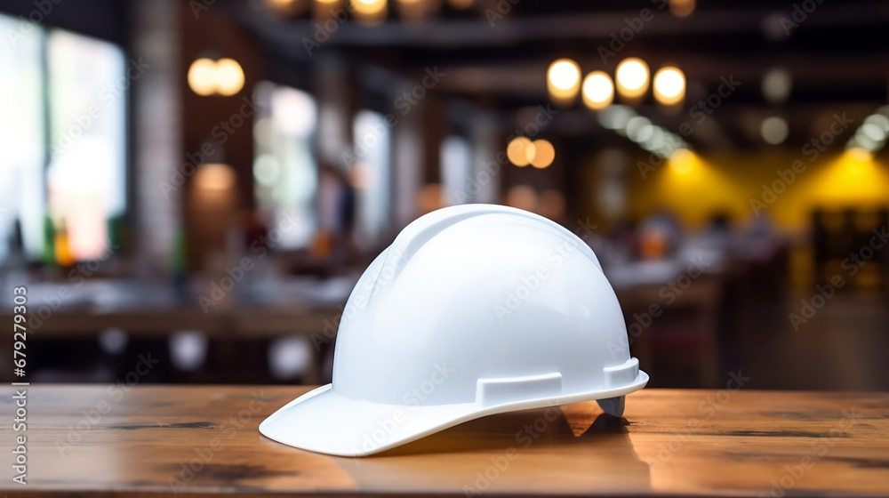 A hard hat on a wooden table, Generative AI A hard hat on a wooden table, Generative AI
