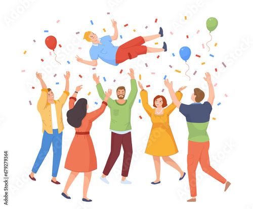 Tossing up in air man. Celebrate birthday party, friends congratulation throw on hands up, happy people team win, confetti prize, flat swanky png illustration