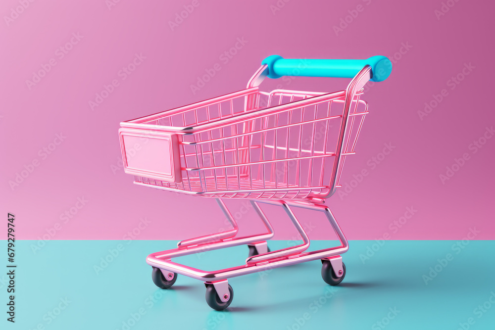 Trendy shopping cart on a pink and turquoise background Trendy shopping cart on a pink and turquoise background
