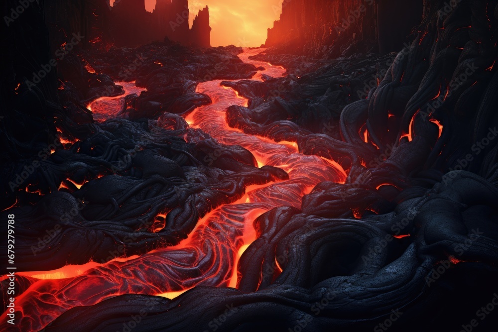 3D illustration of a lava flow in an alien landscape with flames, River ...