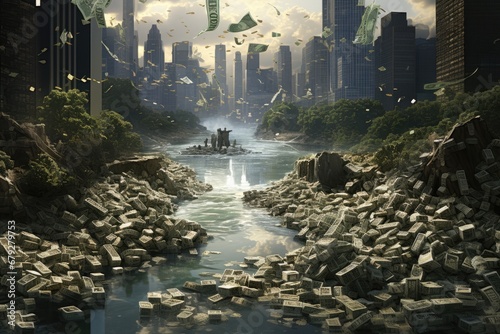 Fantasy landscape with banknotes in the water. 3D rendering, River of money, concept of Wealth and Abundance, AI Generated