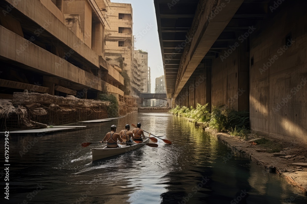 Two men rowing on the river in Dubai, United Arab Emirates, Rowers grow out of concrete in a lost city, AI Generated - obrazy, fototapety, plakaty 